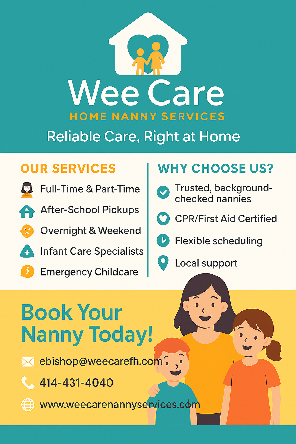 Wee Care Nanny Services flyer with services and contact info